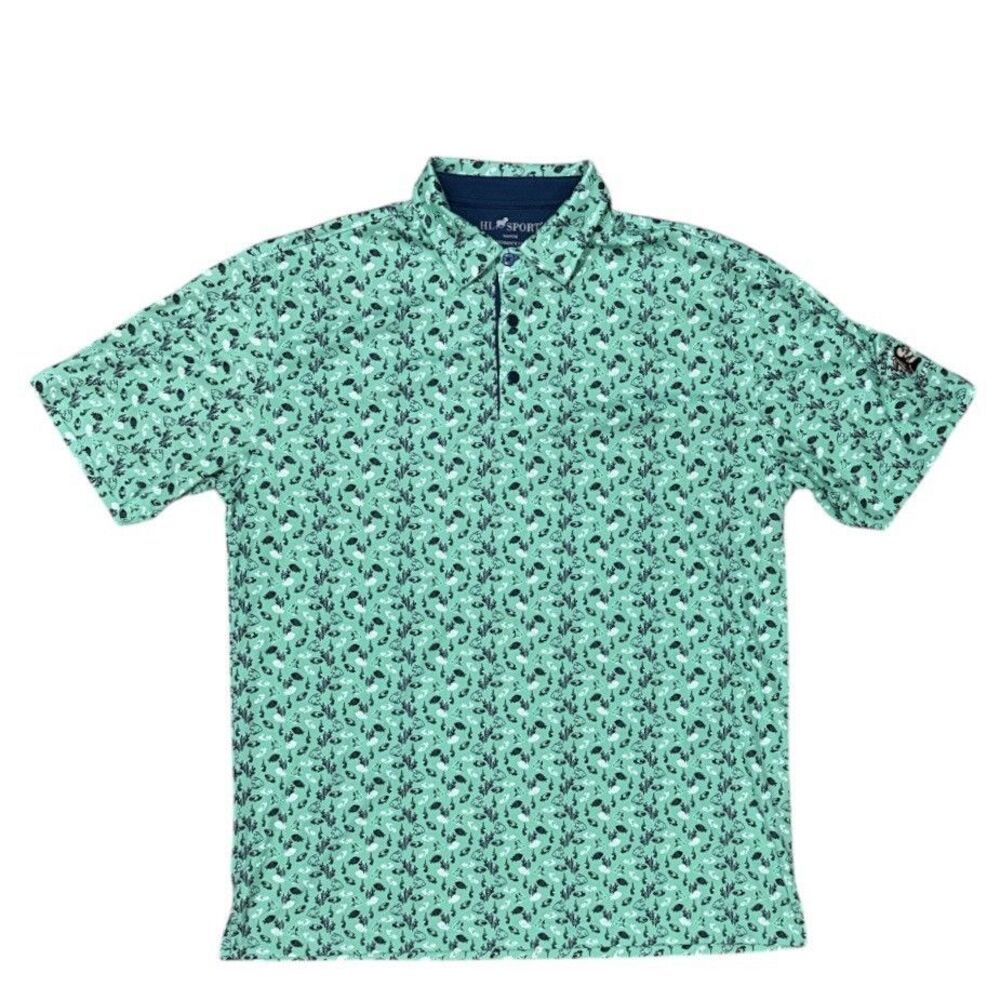 HL Sport Performance Luxury Fish Print Golf Polo Shirt Men’s M Green Embroidered